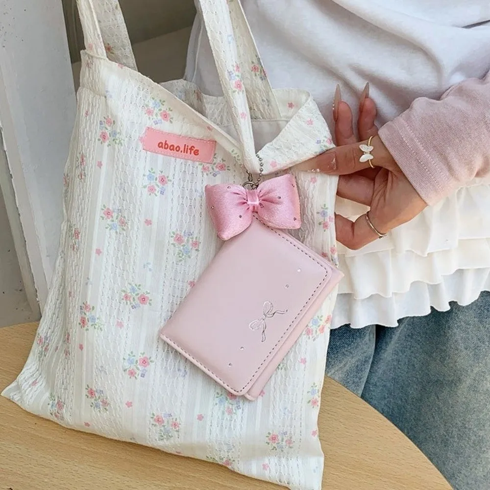 Cute Foldable Pendant Bow Wallet Korean Style Multi-functional Short Wallet PU Leather Solid Color Coin Purse Women