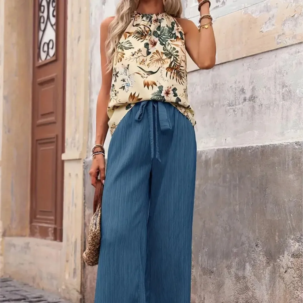Casual Fashionable Trousers Suit Spring Summer Printed Elegant Loose Sleeveless Vest Top Wide-leg Lace-up Trousers Two-piece Set