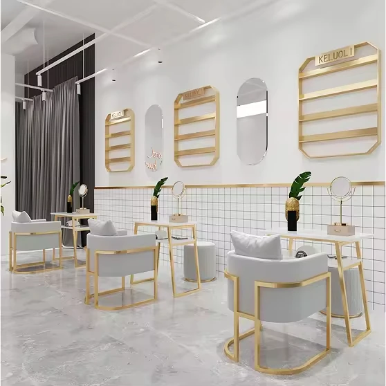 xx-In Demand Luxury Metal Nail Salon Chairs Gold Frame White Manicure Table Set^