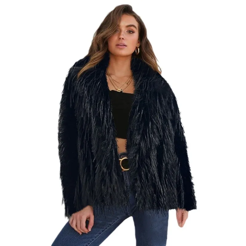 Luxury Brand Lapel Tassel Fluffy Fur Coats Women Autumn Winter Faux Fur Jacket Warm Design Long Sleeve Tops Loose Casual Coats