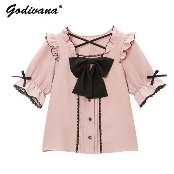 Japanese Style Rojita Shirt Women Elegant Sweet Bow Ruffled Stitching Short Sleeve Blouse Summer New Lolita Girls Tops