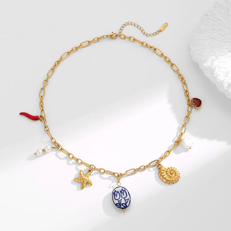 

ROXI | Metal Starfish Necklace Stainless Steel Women Natural Stone Chic Jewelry 18k Gold Popular New