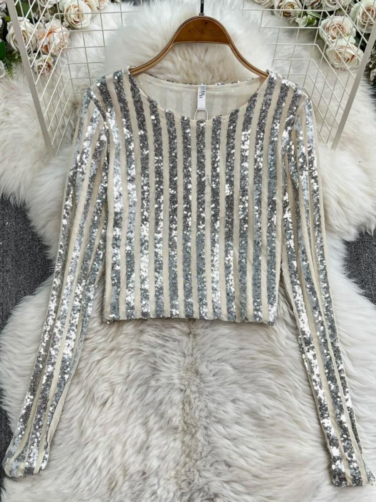 High-End Zwaargewicht Sequin Splice Me Lange Sve Ronde Ne T-shirt Vrouwen Lente Zomer Nieuwe Afslanken Top Koreaanse sle