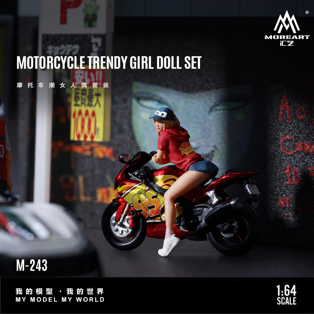 MoreArt 1:64 Resin Model Motorcycle Lightning Red Trendy Girl Figure Set Mini Scene Collectible Doll view 6