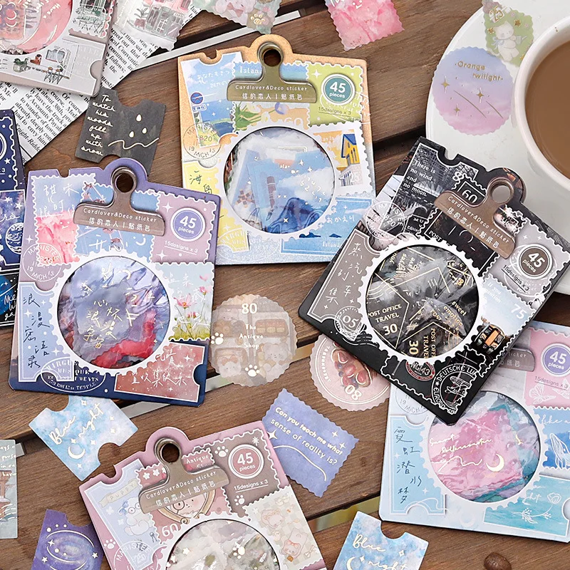 45 pcs/pack Vintage INS Stamp sticker Adhesive Diy Stick Labels Decorative collage Diary Album Scrapbooking material