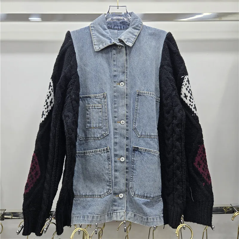 

Fashion Multi-Pocket Cowboy Patchwork Knitted Sweater Autumn Women Cardigan Jacket Loose Casual Lapel Long Sleeve Knitwear Coat