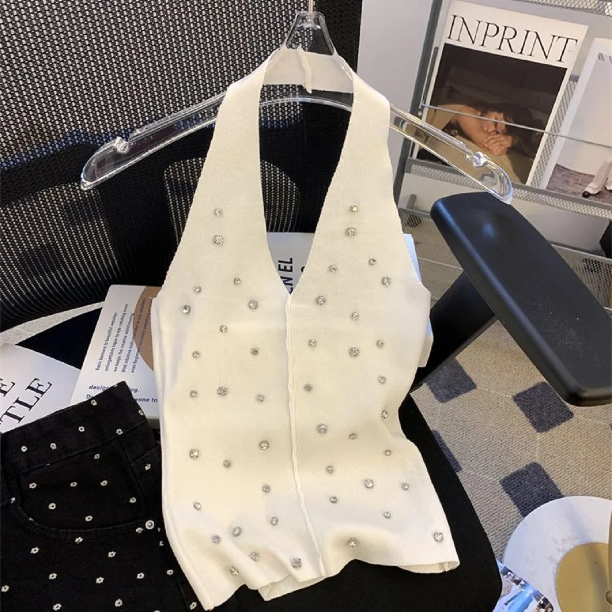 Women Summer Sweater Korean Fashion Sleeveless Casual Pearl Tank Top Rhinestone Female Crop Top Vest Camis Clothing