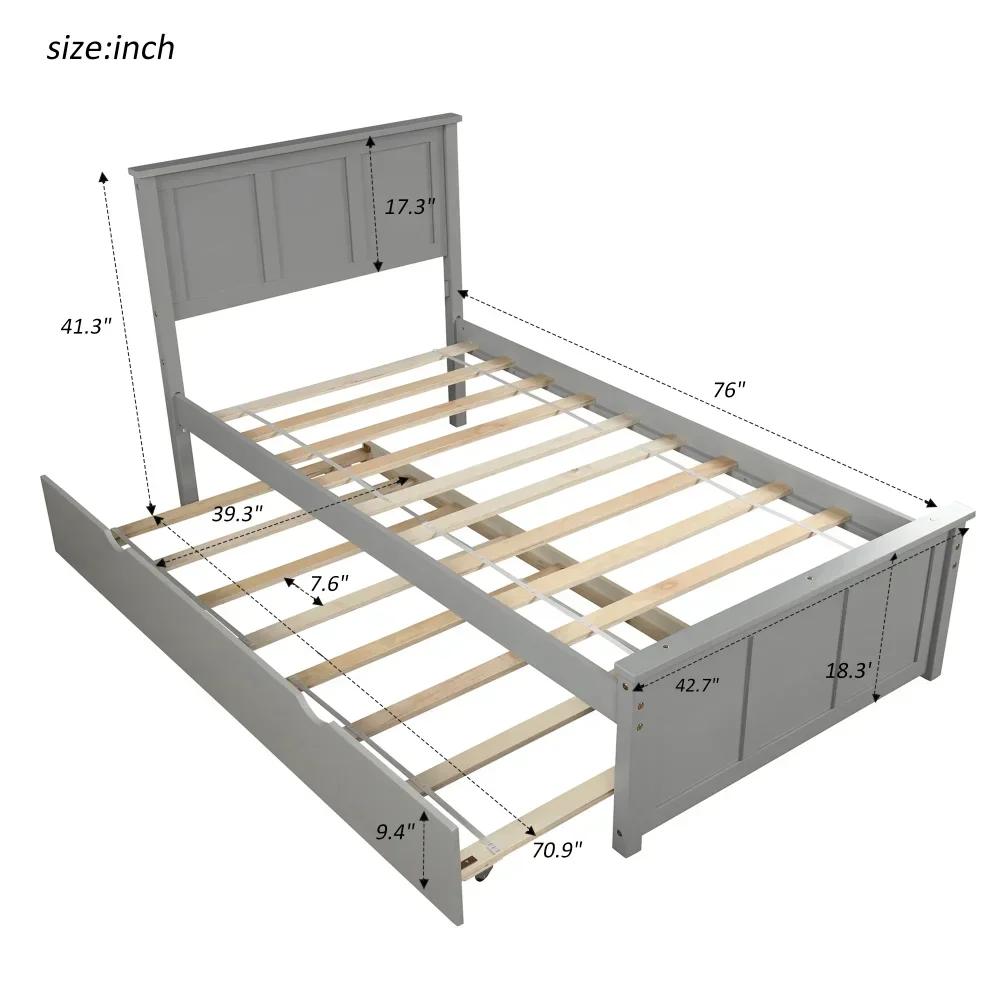 

Modern Children Beds with Trundle, Modern Wood Twin Platform Bed with Headboard & Trundle for Kids