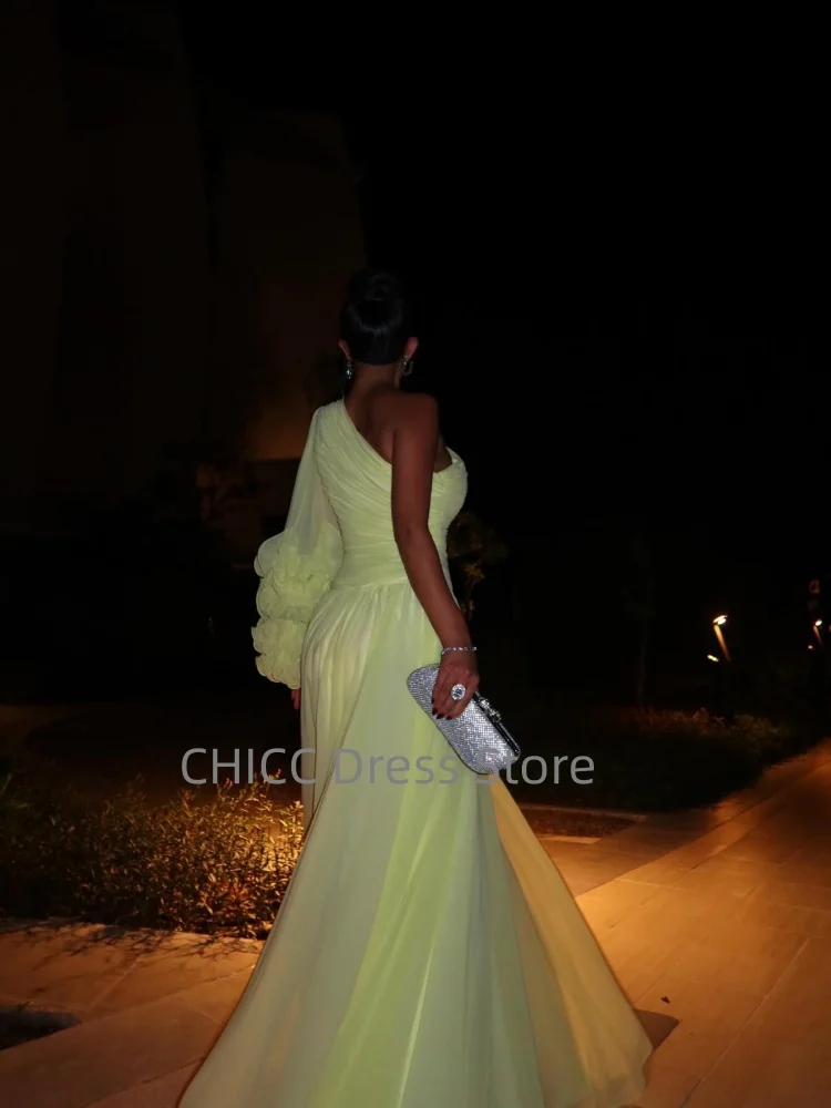 Vestidos de noche árabes, vestido de fiesta fluido con un hombro y plisado, vestido de fiesta amarillo fruncido, vestido personalizado
