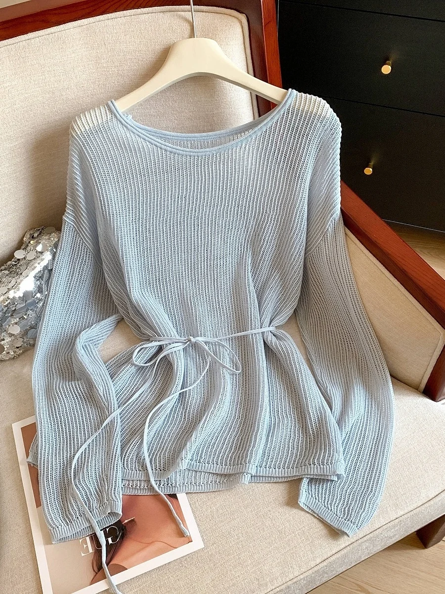 

Korean Style Long Sleeve Knitted Cover up Top Women's Spring Summer Thin Lazy Style Loose Belted Shirt Polyester Fiber Knitted