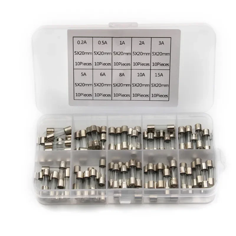 100pcs 5x20mm Glass Fuse Assortment Kit 0.25A to 20A Fast-Acting Fuses for Electronics Amplifier Power Supply Protection