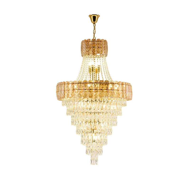 Dimmable Amber Crystal Long Chandelier, Lâmpada de Escada para Sala de Teto Alto, Suspensão Luminária, K9 Crystal, 2024, Foyer