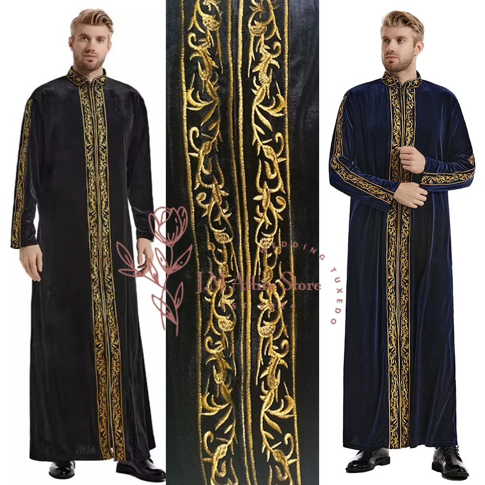 Arab men's black velvet robe with gold embroidery pattern premim outfit for daily life formal events wedding dinner family party