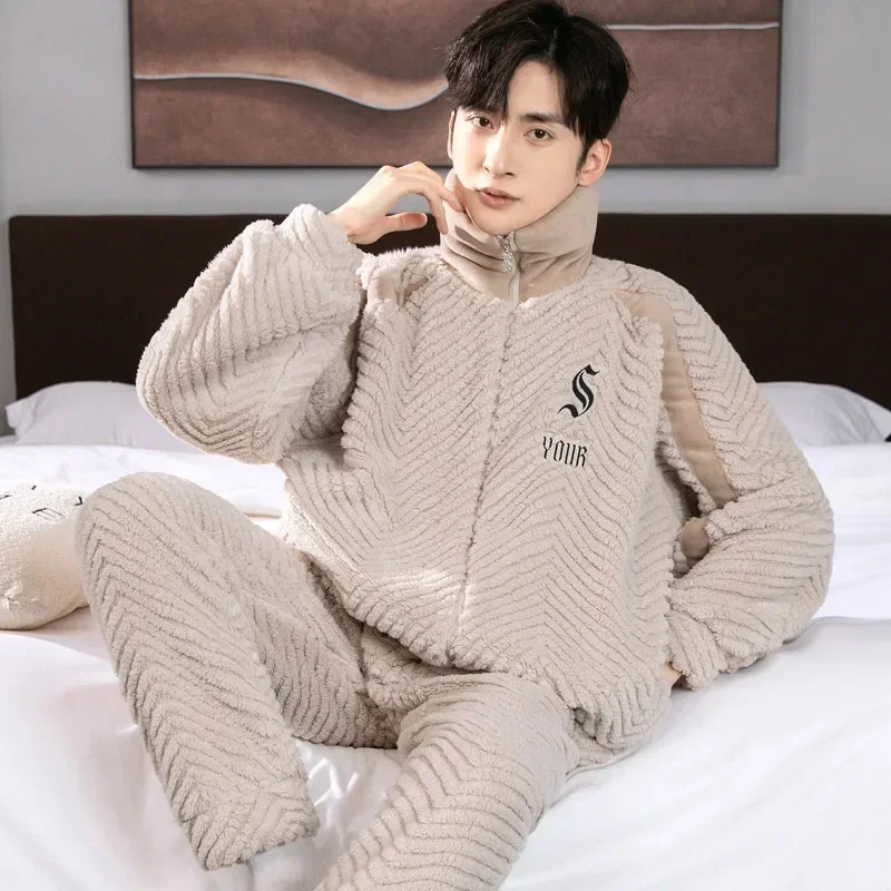 Letter Print Mens Zipper Pajama Sets Coral Fleece Winter Warm Pajamas Male Thick Homewear Stand Collar Thermal Flannel Sleepwear