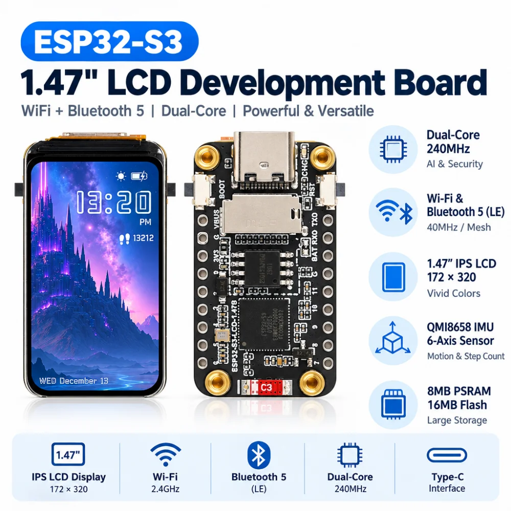 ESP32-S3 Wi-Fi and Bluetooth Development Board, 1.47-inch LCD screen (172×320), dual-core processor, Type-C port
