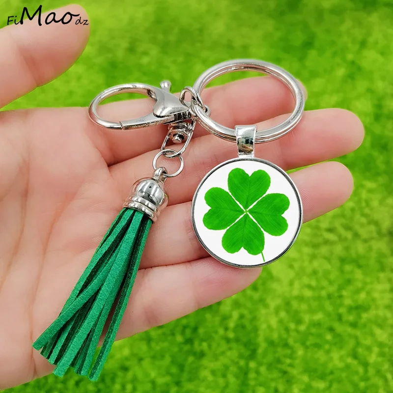 Charm Four Leaf Clover Keychain Green Blue Tassel Glass Crystal Pendant Fashion Women Lady Bag Charms Keyring Luck Jewelry