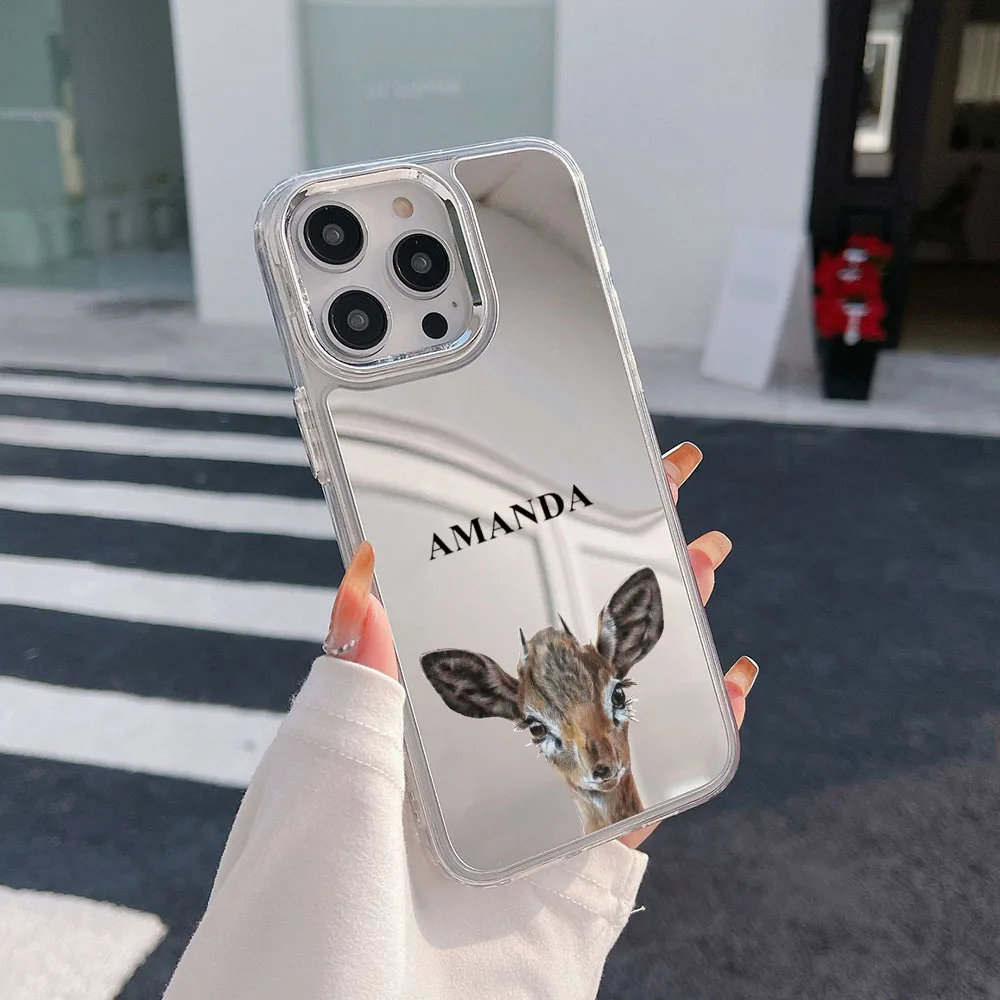 Name Custom Cute Animal Mirror Case for iphone 14 13 12 15 Pro Max SE2020 Case Shockproof Cover for iphone 11 XS XR 14Plus Cases