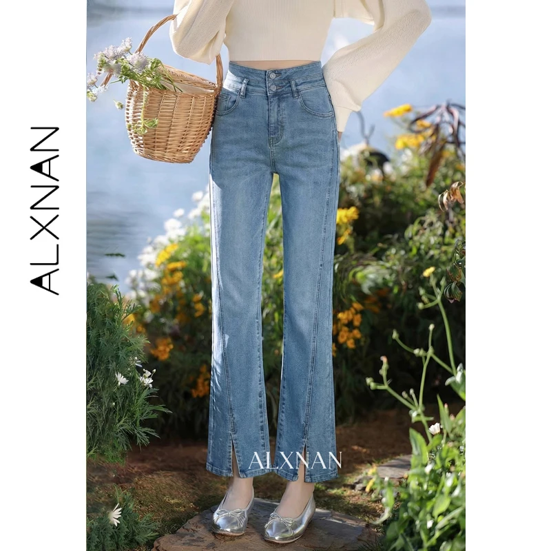

ALXNAN Vintage Flared Jeans Women High Waist Blue Denim Split Hem Bootcut Casual Straight Pants 2026 Spring New Trousers L61383A