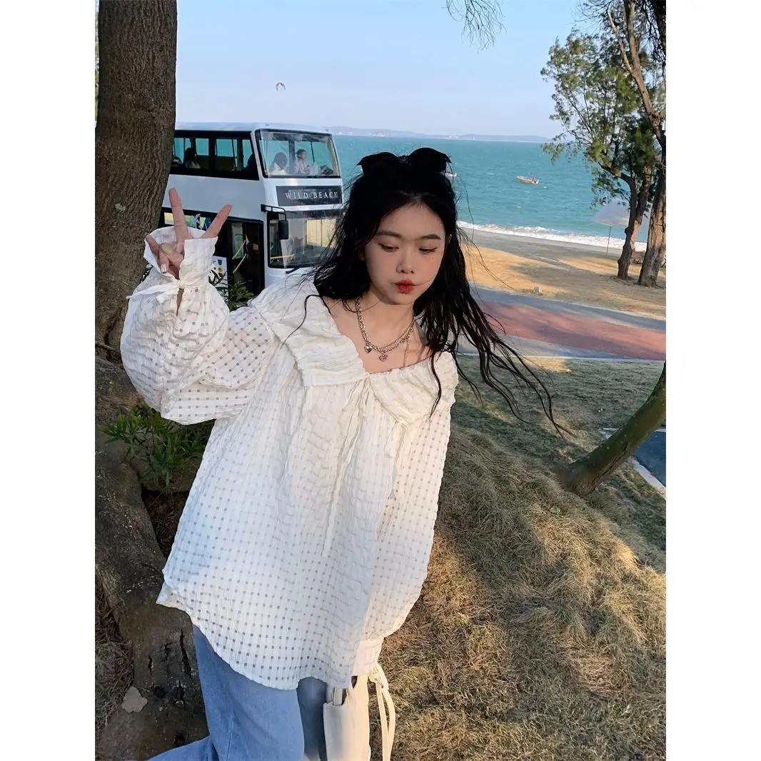 

Plaid Off Shoulder Long Sleeved Shirt Women Spring 2025 New Bubble Sleeves Sweet Chic Top Korean Fashion White Shirts