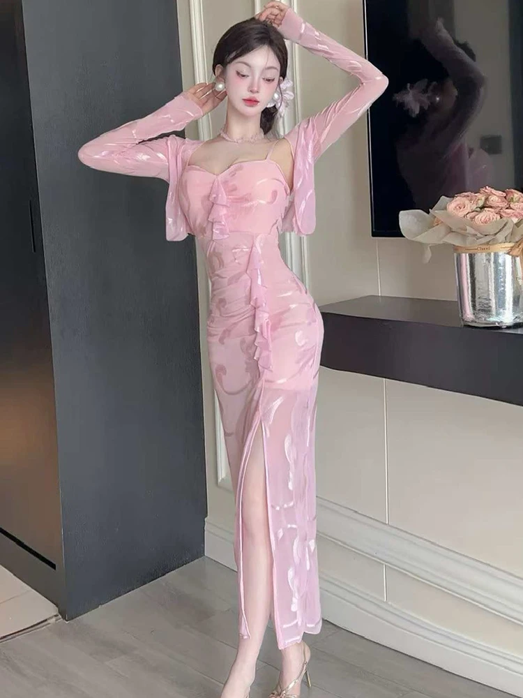 Nowy różowy kwiatowy komplet: seksowna długa sukienka na ramiączkach z siateczki + bluzki, dwuczęściowy zestaw damski, elegancki, dopasowany, na wiosnę i lato, casualowy komplet sukienek.