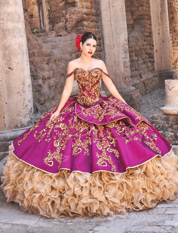 fuchsia and gold quinceanera dresses Fuchsia Sequin Lace Ball Gown Wedding Dresses Quinceanera Dress with B –  Viniodress main image 0