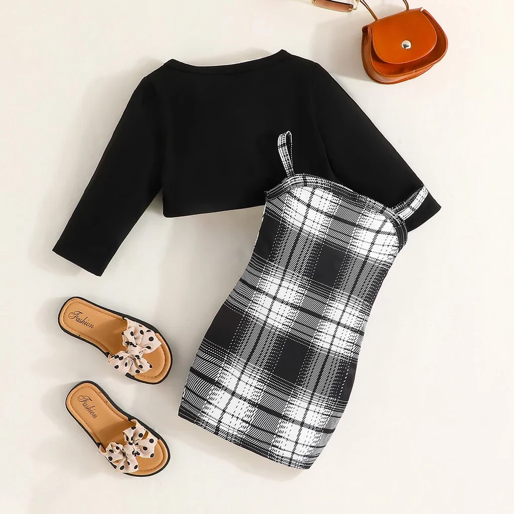 2Pcs Set Newborn Baby Girl 6-36 Months Long Sleeve Top Plaid Suspenders Skirt Dresses Outfit Toddler Infant Clothing Set