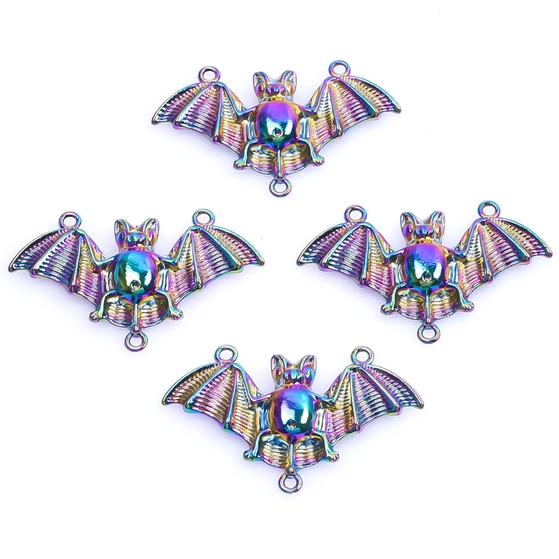 5pcs/Lot Rainbow Color Bat Suckle Vampire Fangs Wings Animal Pendant Metal Connector Charms For Keychain Making Supplies DIY