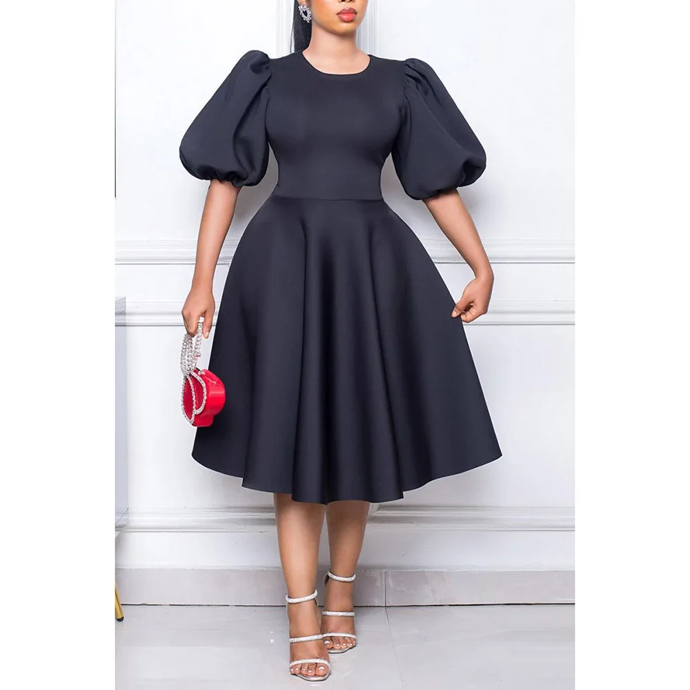 Plus Size Black Casual Women's Dress O Neck Puff Sleeve A Line Round Neck Slim Fit Midi Formal Dress