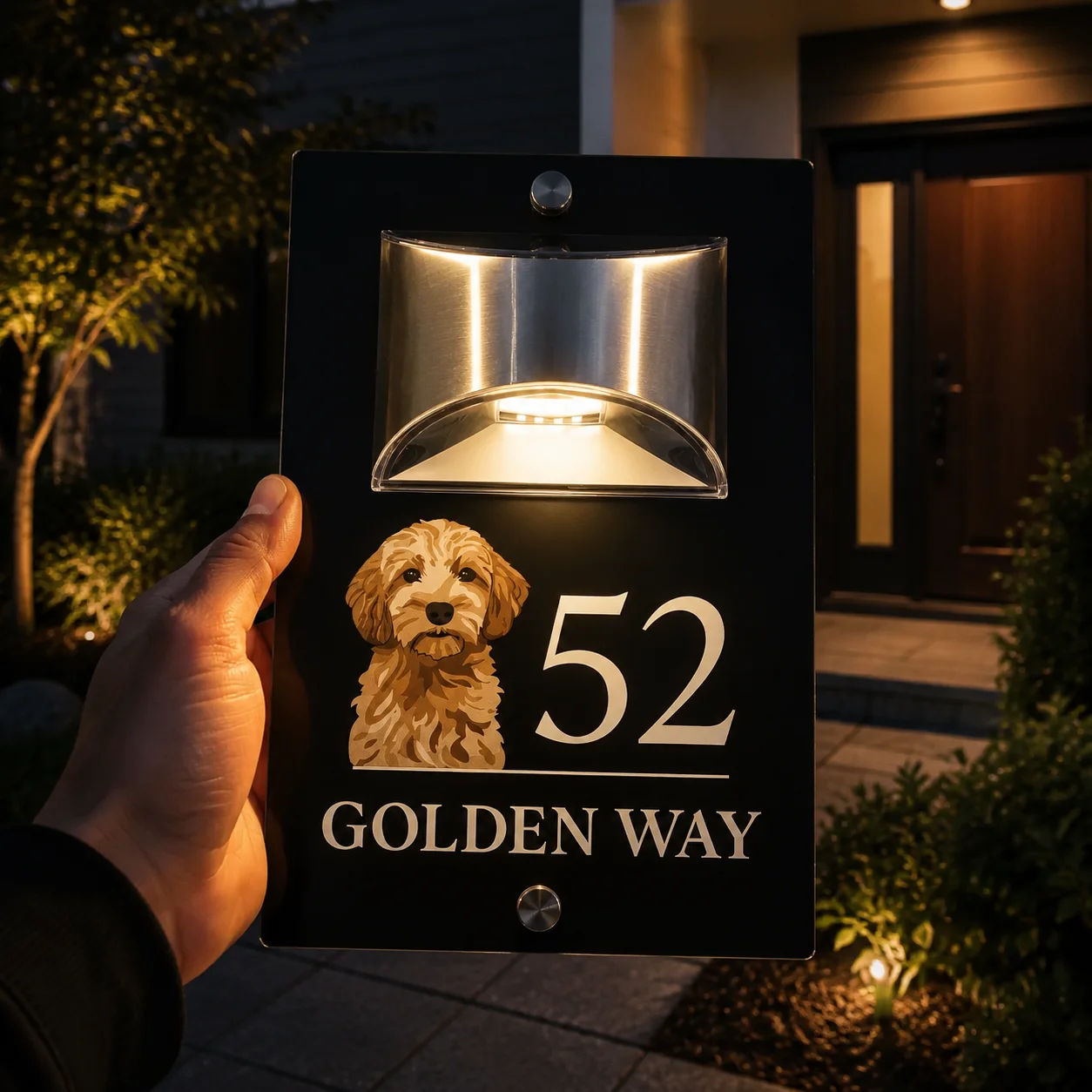 Outdoor Solar Door Sign / Address Plaque Featuring a Full-Color UV-Printed Puppy Image — Solar LED Illuminated