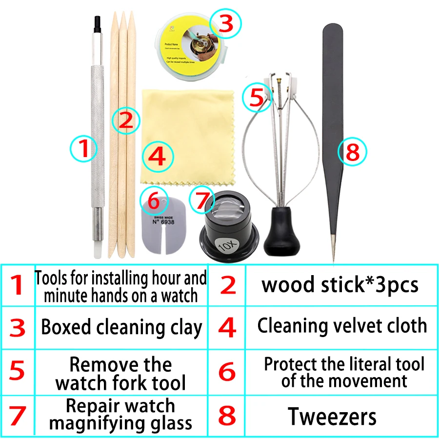 時計修理ツール、10 in 1 ツールセット、時計の針の取り付けと取り外し、保護とクリーニング、虫眼鏡