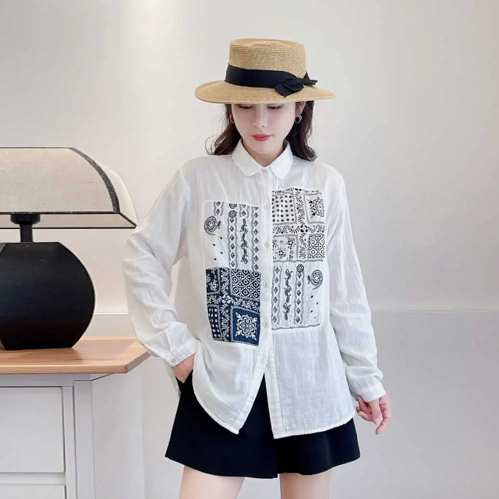 

Japanese Sweet Mori Girl Floral Embroidery Cotton Shirts Women Autumn New Turn Down Collar Long Sleeve Casual Loose Blouse Tops