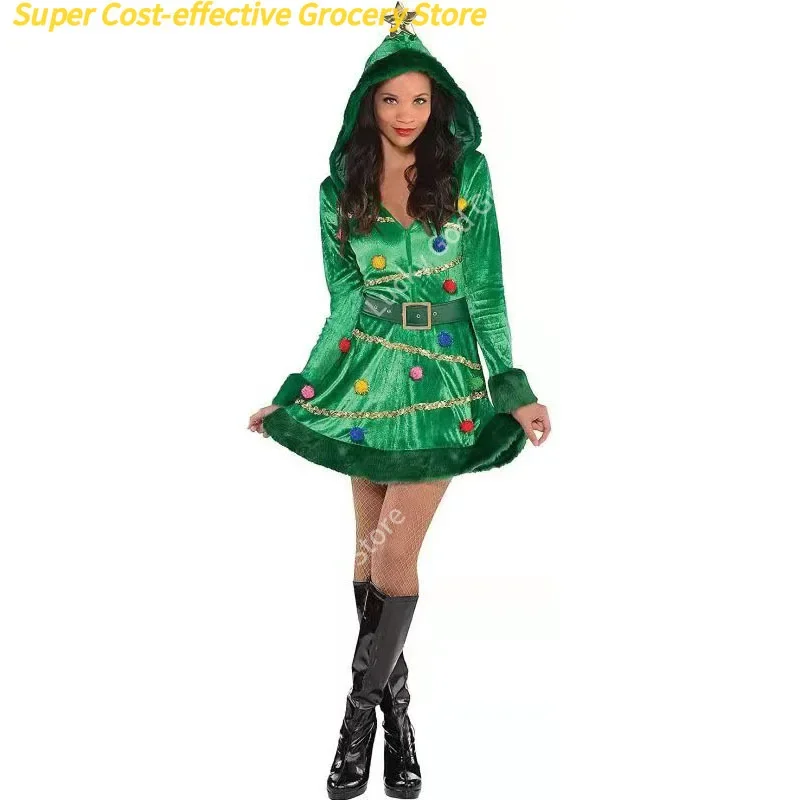 فستان نسائي لشجرة عيد الميلاد شتوي دافئ بقلنسوة مزين بالترتر مع حزام فساتين أزياء تنكرية