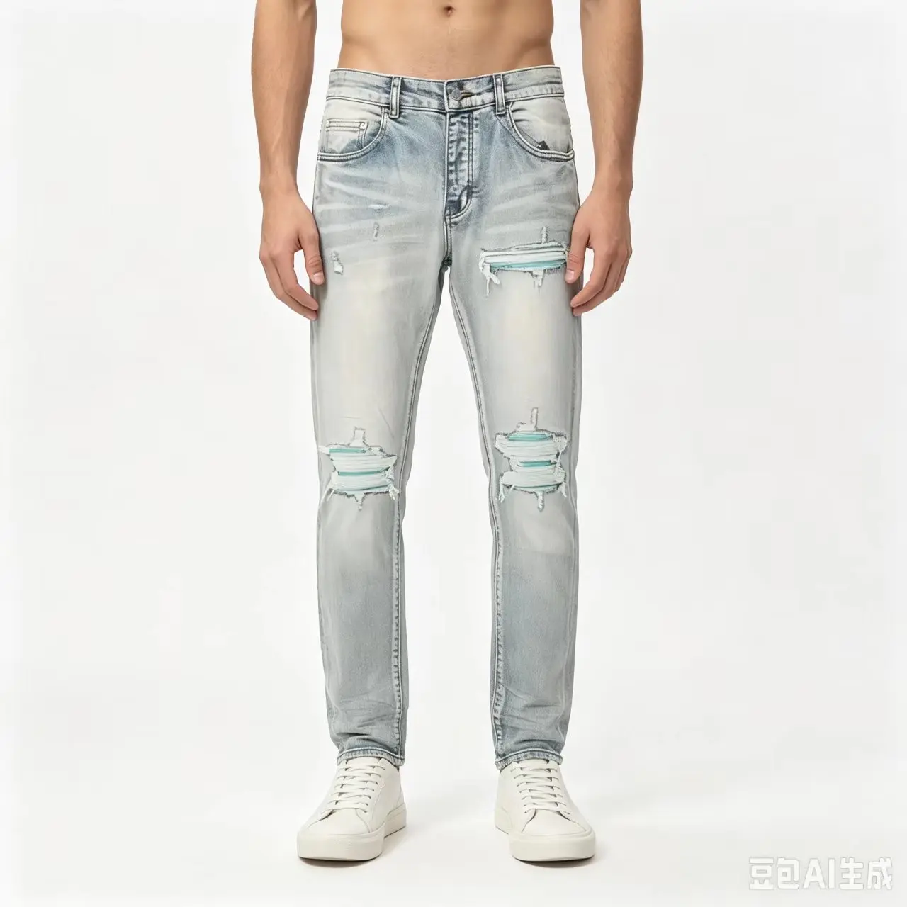Fashionable new men's washed denim jeans retro distressed patch light blue jeans hip-hop brand elastic slim fit pants hombre