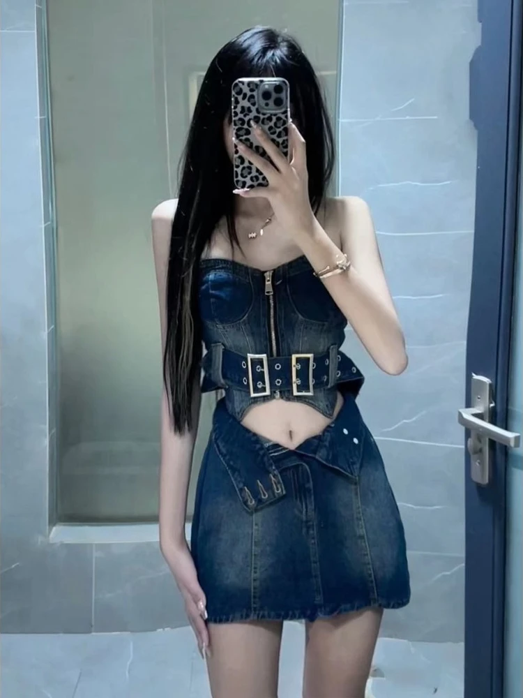 

Женский джинсовый комплект: стильный топ без бретелек, юбка-карандаш с высокой талией, летний модный облегающий наряд, повседневная одежда в стиле бодикон.