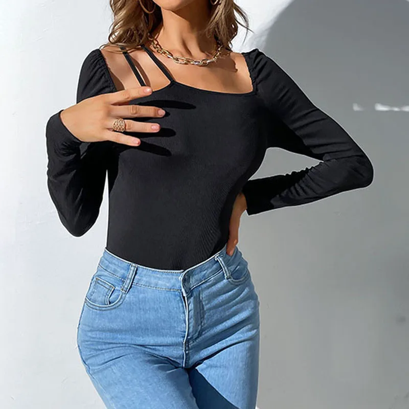 2022 Spring New Arrive Women's Fashion Square Neck Long Sleeve Hollow Out Tops Sexy High Waist Bodysuit Black Slim Sexy Jumpsuit