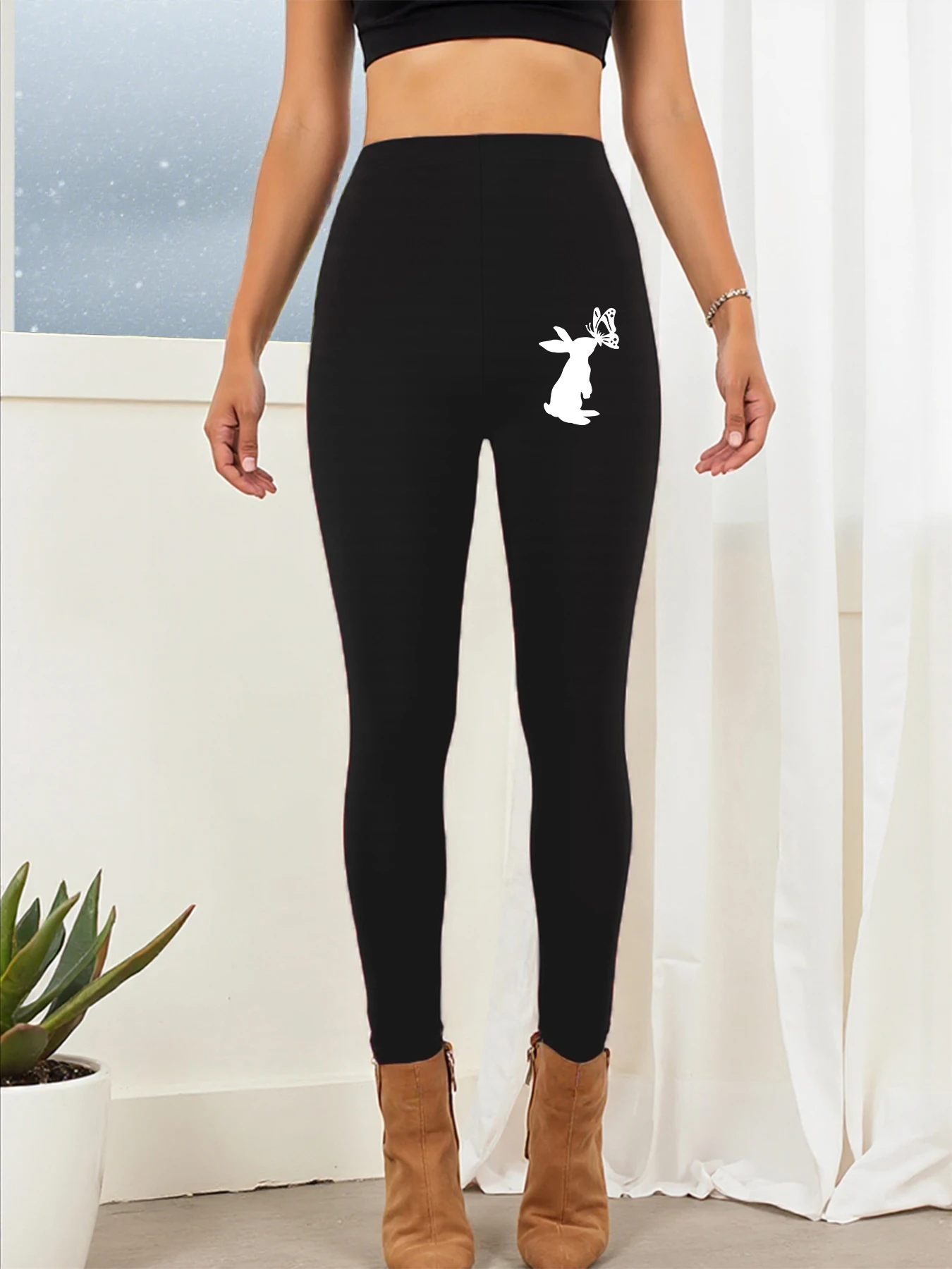 Leggings stampati con farfalla e coniglio in piedi Donna Addensare Pantaloni alla moda Allenamento Abbigliamento sottile Collant comodi per capispalla