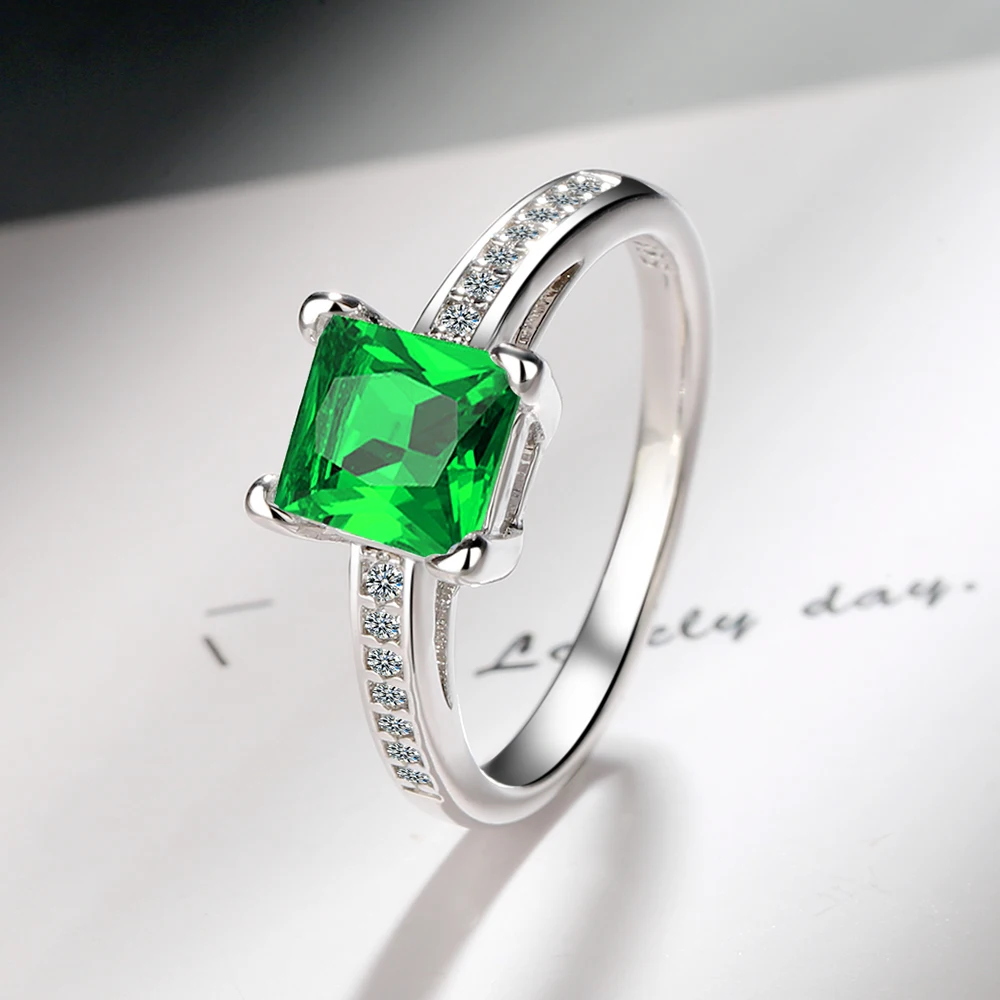Square Simulated Green Nano Emerald 925 Sterling Silver Geometric Ring Women Princess Cut Gemstone Moissanite Statement Jewelry