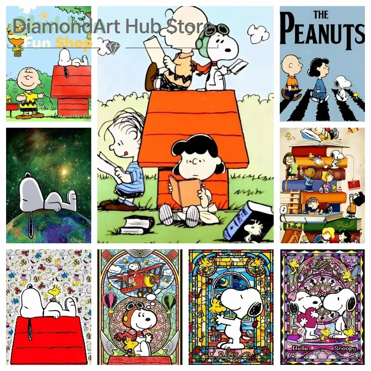 Snoopy 5D Full Round Drill Diamond Painting Kit, Peanuts Cartoon Reading Scenes DIY Mosaic Wall Decor