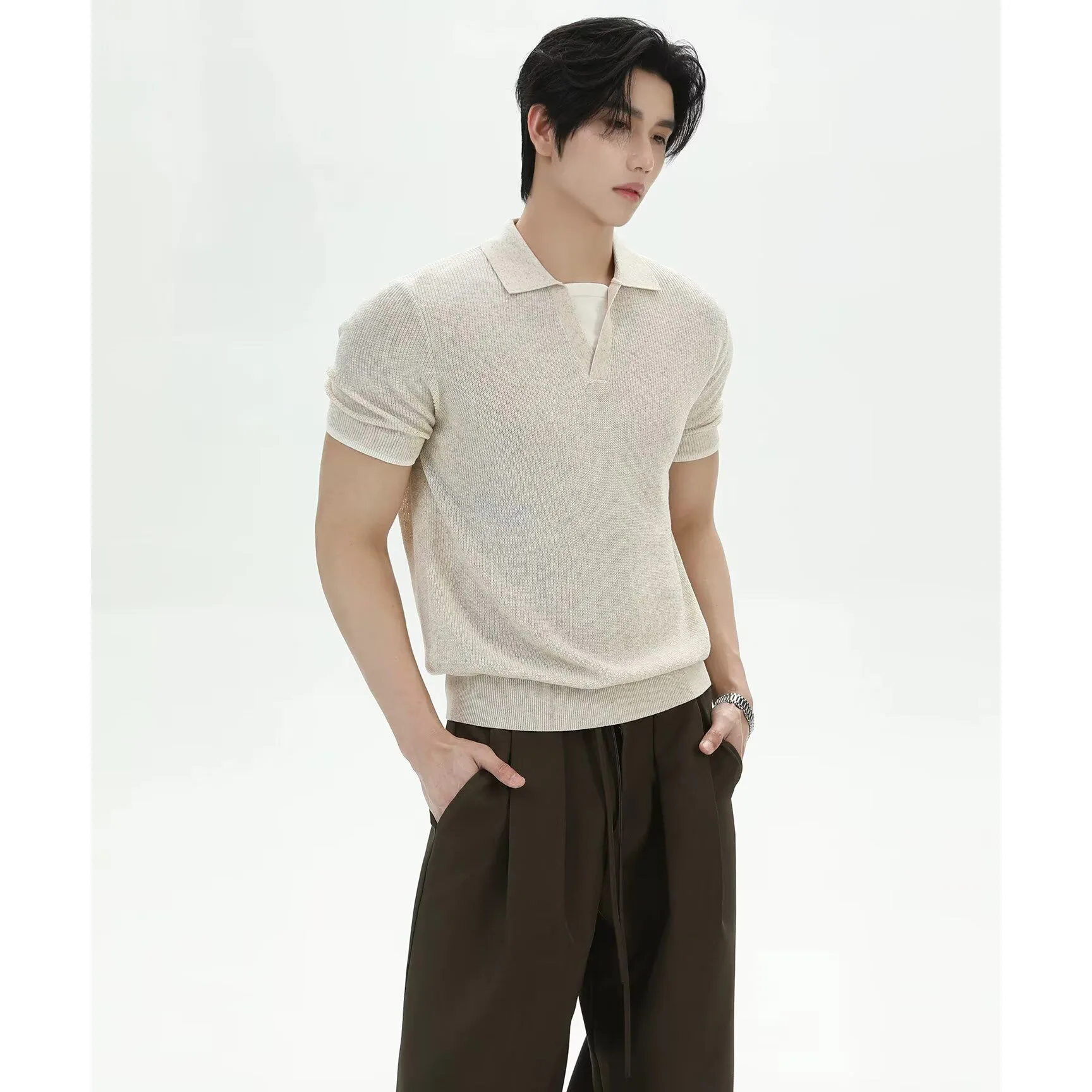 Summer Fake Two-Piece V-Neck Lapel Ice Silk Short Sleeve Knit Polo Shirt Men's Premium Business Casual Top