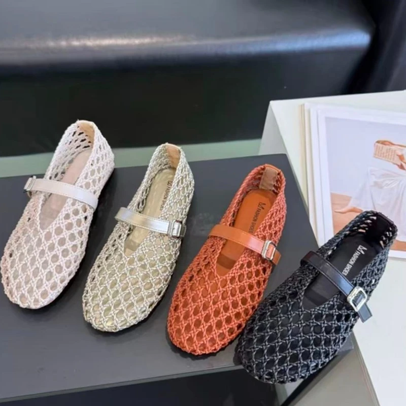 

Fashion Woven Hollow Out Breathable Mary Jane Shoes Women's 2026 Summer New Flat Comfortable One-button Single Shoes