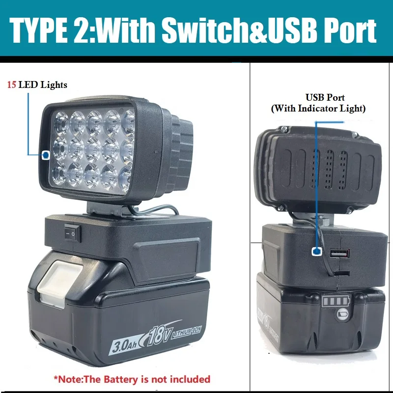 Portable 18V lithium-ion battery cordless handheld flashlight emergency floodlight LED light with USB charger and switch Makita