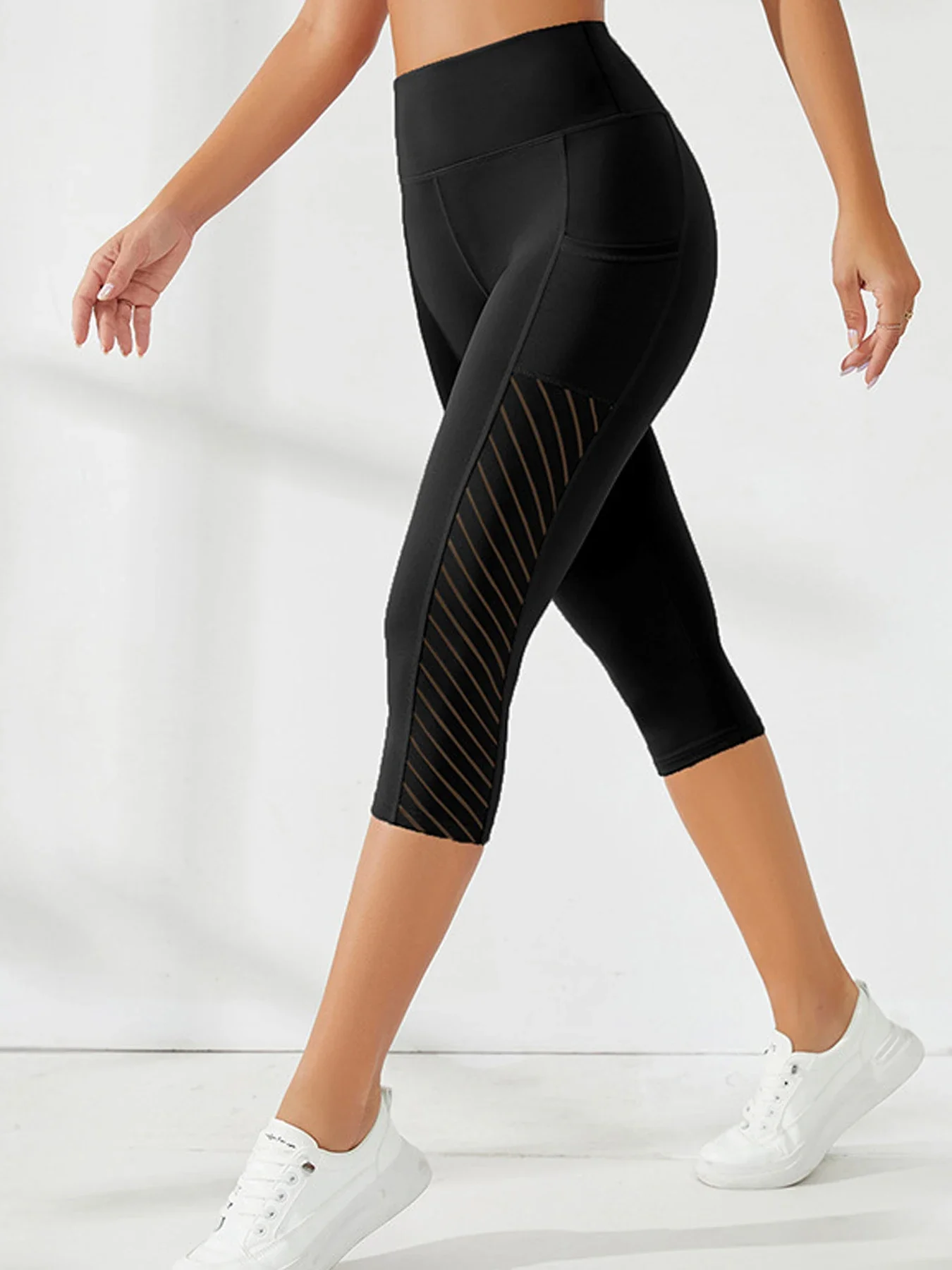 

Side Pockets Calf Length Yoga Pants Solid Color high elasticity Leggings High Waist For Women Tummy Control Workout Pants