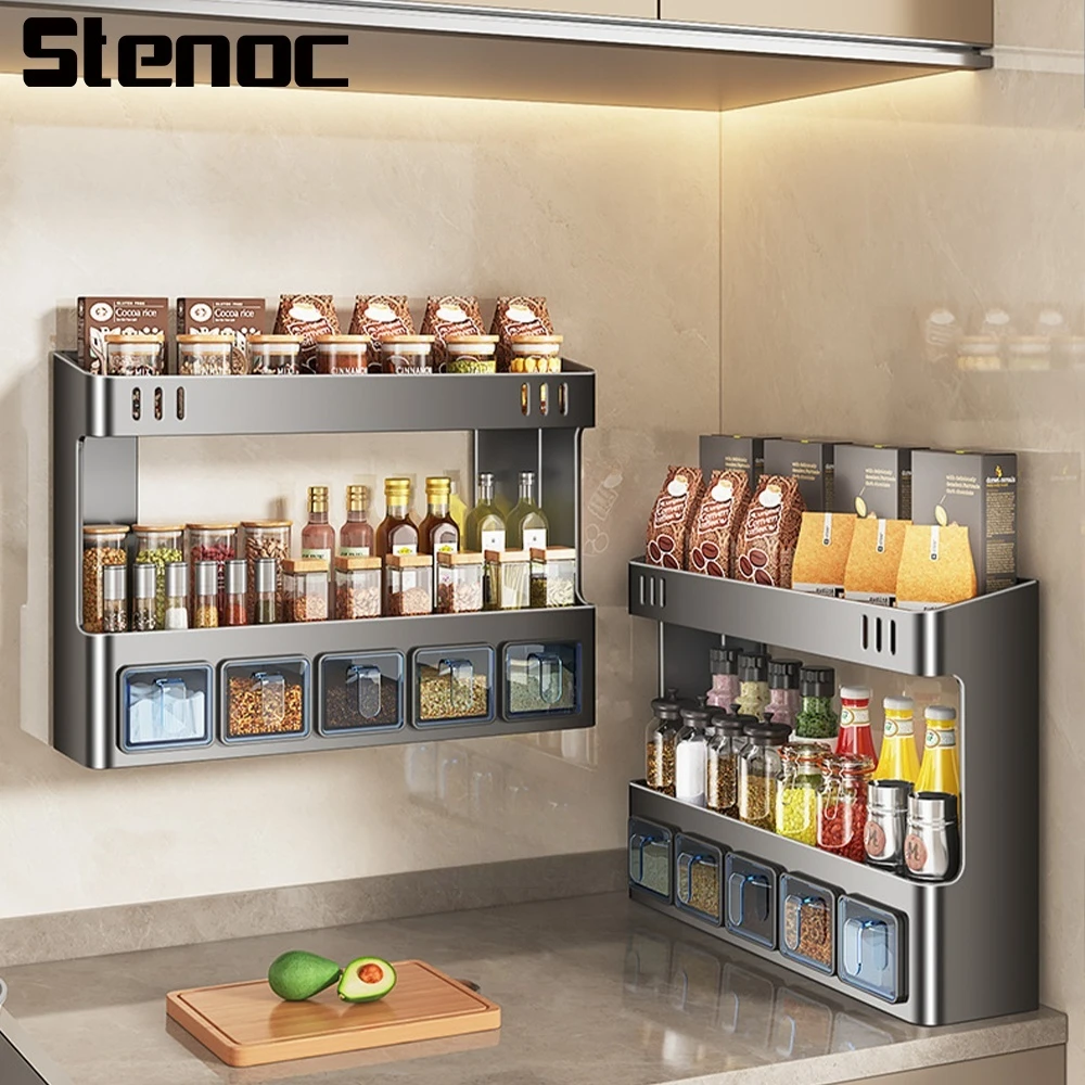 no-drill-grey-kitchen-multifunctional-seasoning-storage-organizer-carbon-steel-wall-mounted-spice-rack-pull-out-spice-jar-holder