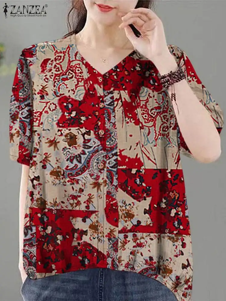 ZANZEA-Blusa de algodón con estampado Vintage para Mujer, camisa informal elegante con cuello en V, holgada, con botones, de manga corta, para verano, 2024