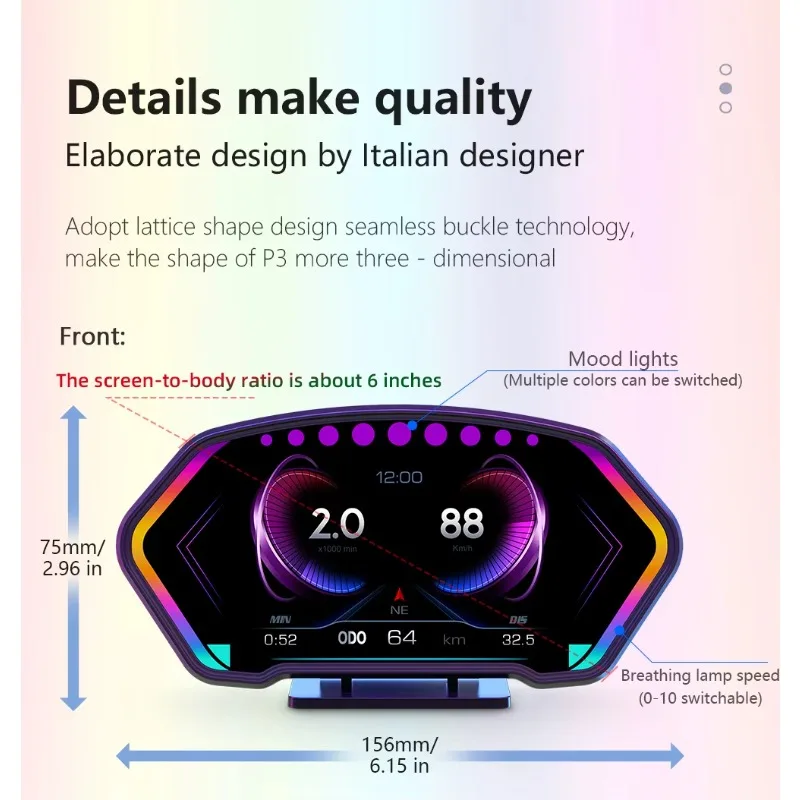 Customized P3 HUD OBD2 GPS Car Head Up Display Windshield Car Speedometer Slope Gauge Overspeed Temp Voltage RPM Security Alarm