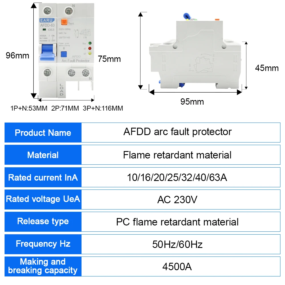 AFDD 63 220V 3P+N Fault Arc Protector Circuit Breaker Short Circuit Protection Overload Protection Leakage Protection RCBO MCB