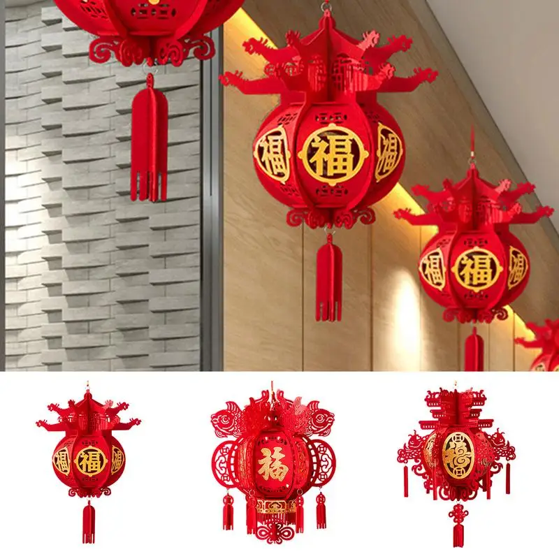 Chinese New Year Lanterns Lucky Non-woven 3D Puzzle Lantern with Chinese Red Fu 2024 Spring Festival Decorations Hangings