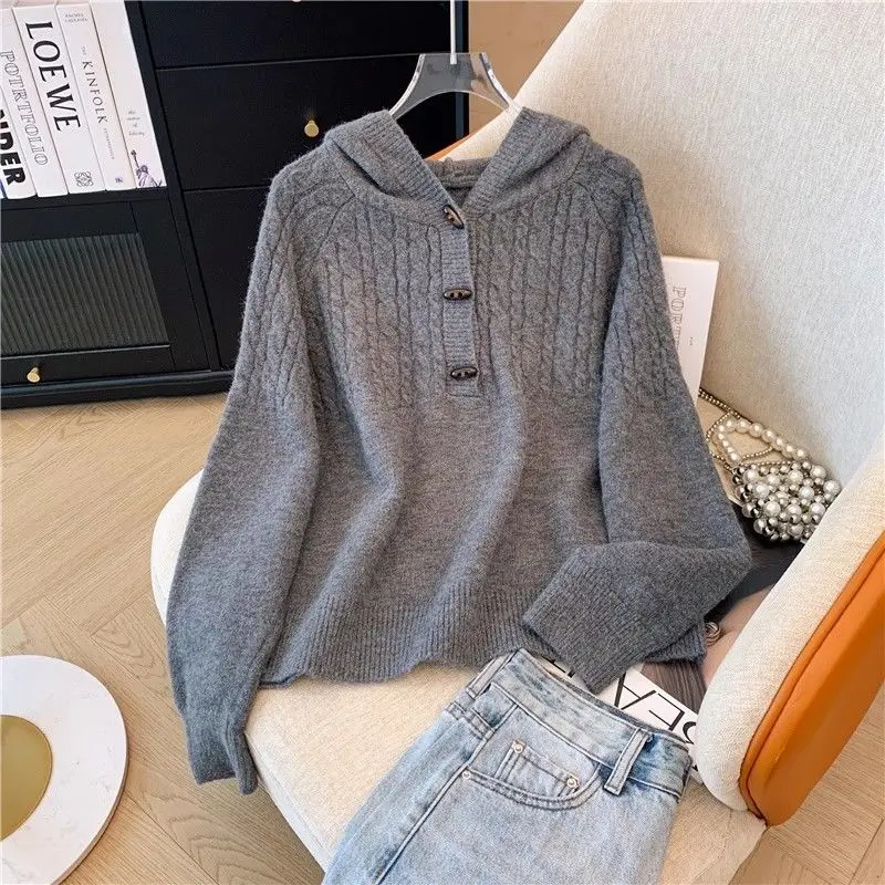 秋冬春新作 ヴィンテージ風 牛角ボタン フード付き 揚げパン風 ニット セーター コート 裏地付き ゆったり ウールニット