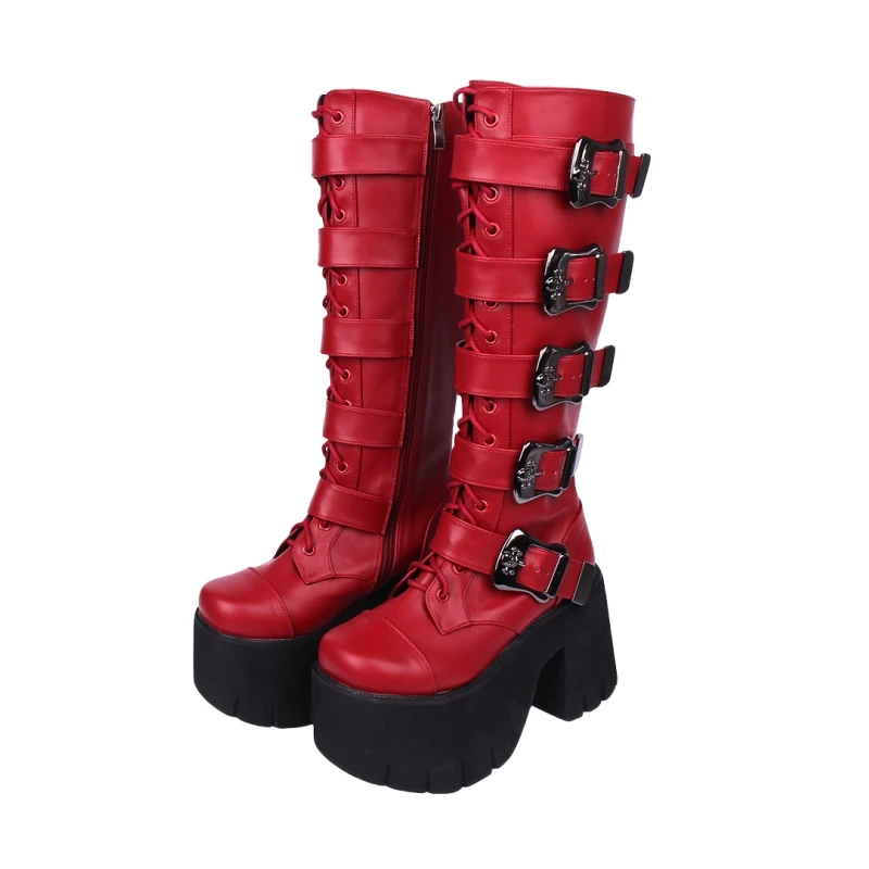 

Gothic Motorcycle Boots Super High Heel 10cm Punk Belt Buckle Zipper Knee High Boots Black Red Lolita Girls Shoes Size 34-47