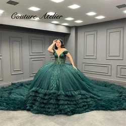 Emerald Green Tulle Ruffels Train Off The Shoulder Quinceanera Dresses Ball Gown Princess Dress vestidos de quinceañera aqua